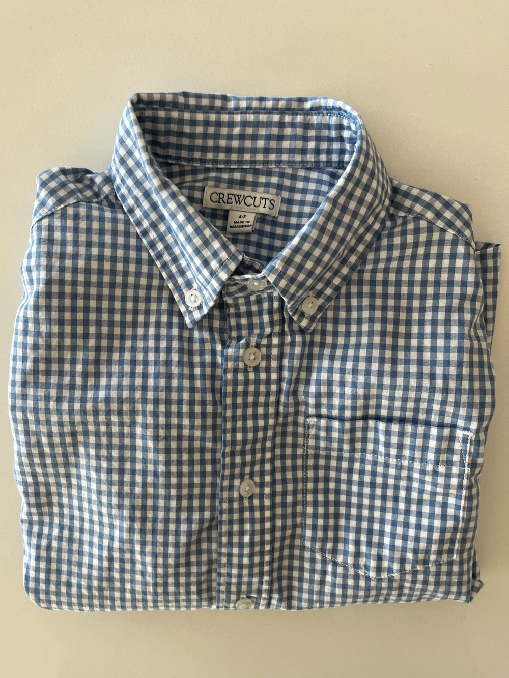 Crewcuts Boys Blue & White Gingham Check Pattern Button Down Sz: 6/7